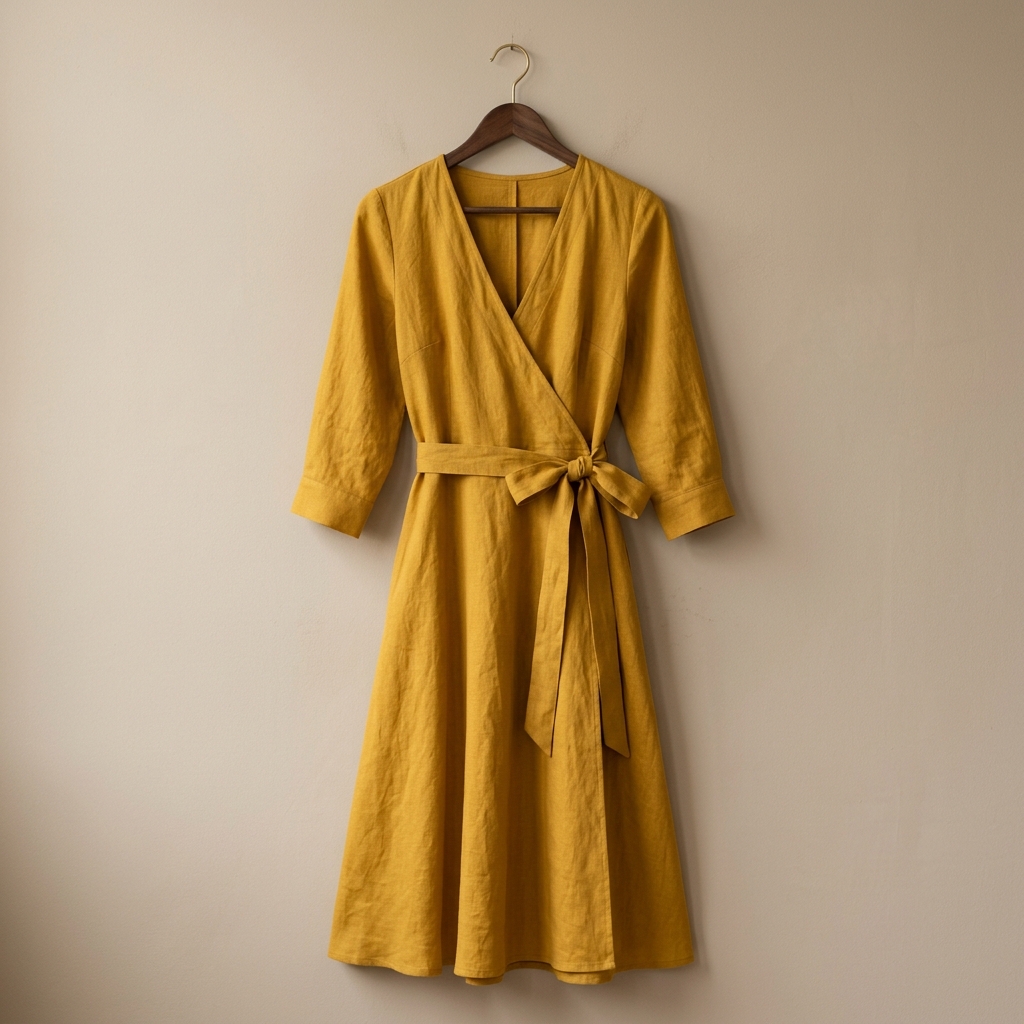 Mustard Linen Wrap Dress - Zen Wear