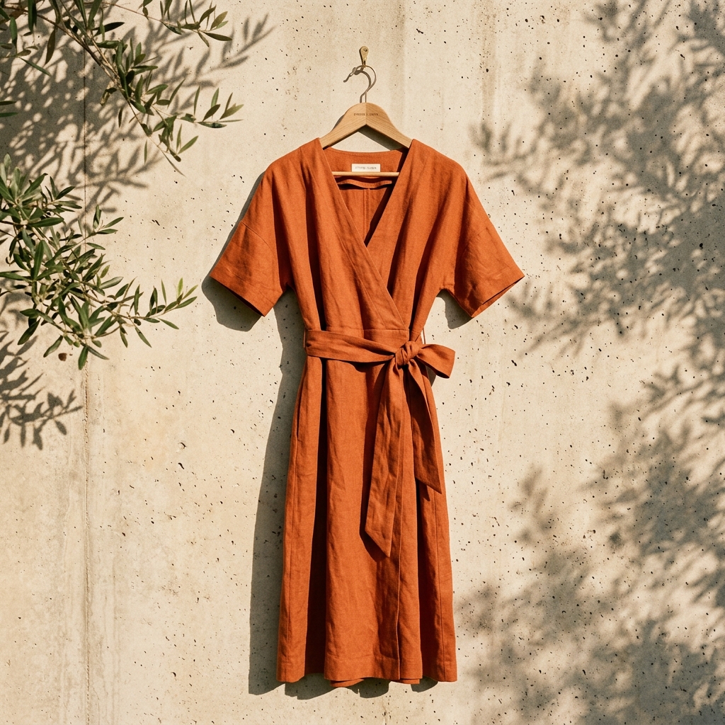 Terracotta Linen Wrap Dress - Nova Garments